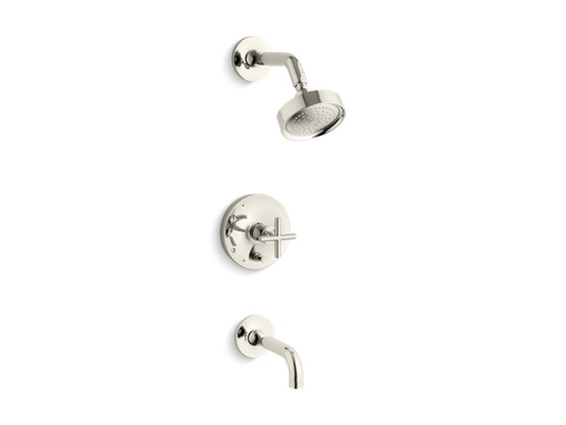 Purist® Rite-Temp® pressure-balancing bath and shower faucet trim with push-button diverter, 7-3/4" spout and cross handle, valve not included, Vibrant Polished Nickel