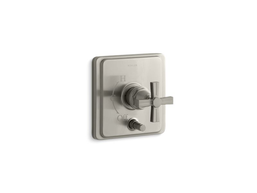 Pinstripe® Rite-Temp® pressure-balancing valve trim with diverter and grooved cross handle, valve not included, Vibrant Brushed Nickel