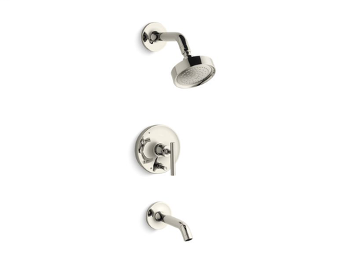 Purist® Rite-Temp® pressure-balancing bath and shower faucet trim with push-button diverter and lever handle, valve not included, Vibrant Polished Nickel