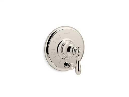 Artifacts® Rite-Temp® pressure-balancing valve trim with push-button diverter and swing lever handle, Vibrant Polished Nickel