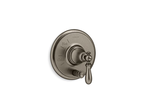 Artifacts® Rite-Temp® pressure-balancing valve trim with push-button diverter and swing lever handle, Vintage Nickel