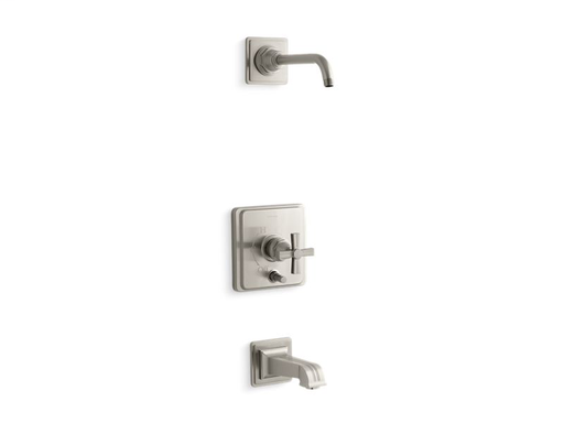 Pinstripe® Rite-Temp® bath and shower trim set with push-button diverter and cross handle, less showerhead, Vibrant Brushed Nickel