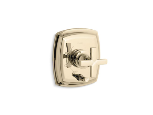 Margaux® Rite-Temp® pressure-balancing valve trim with push-button diverter and cross handles, valve not included, Vibrant French Gold