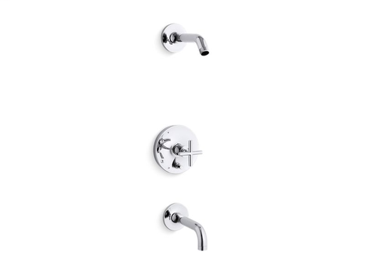 Purist® Rite-Temp® bath and shower trim set with push-button diverter and cross handle, less showerhead, Polished Chrome