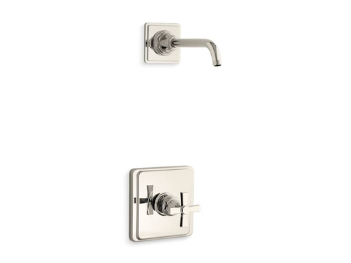 Pinstripe® Pure Rite-Temp shower trim set with cross handle, less showerhead, Vibrant Polished Nickel