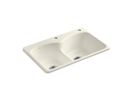 Langlade® 33" x 22" x 9-5/8" top-mount Smart Divide® double-equal kitchen sink with one faucet hole and one accessory hole, Biscuit