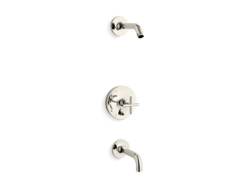 Purist® Rite-Temp® bath and shower trim set with push-button diverter and cross handle, less showerhead, Vibrant Polished Nickel