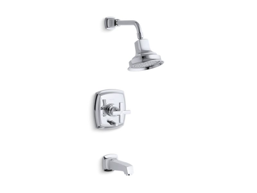 Margaux® Rite-Temp® pressure-balancing bath and shower faucet trim with push-button diverter and cross handle, valve not included, Polished Chrome