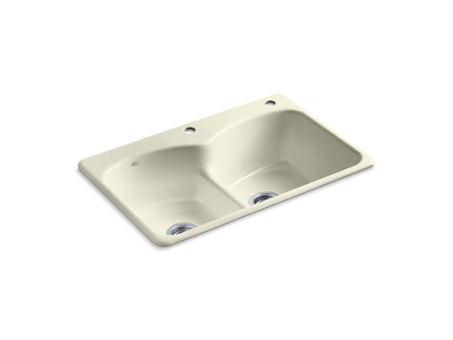 Langlade® 33" x 22" x 9-5/8" top-mount Smart Divide® double-equal kitchen sink with one faucet hole and one accessory hole, Cane Sugar