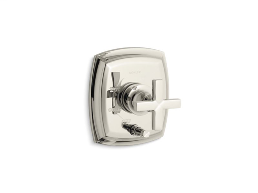 Margaux® Rite-Temp® pressure-balancing valve trim with push-button diverter and cross handles, valve not included, Vibrant Polished Nickel