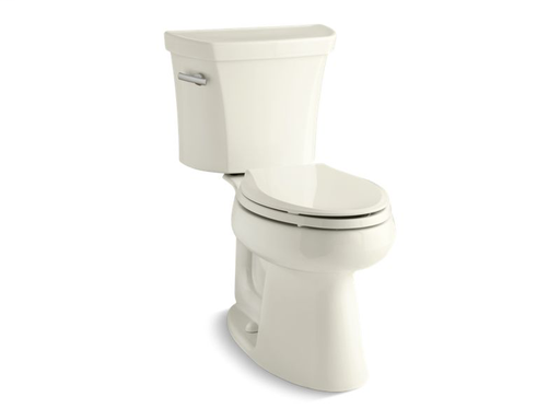 Highline® Comfort Height® two-piece elongated 1.28 gpf toilet with Class Five® flush technology, left-hand trip lever and tank cover locks, seat not included, Biscuit