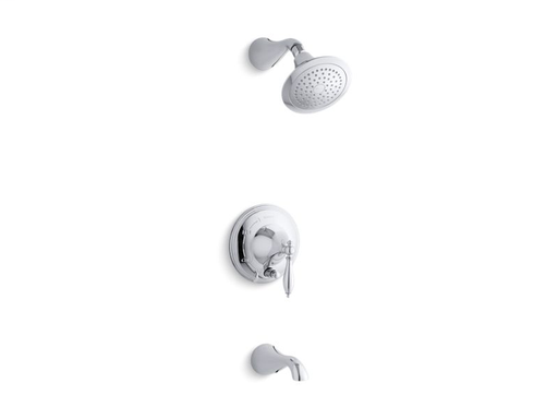 Finial(r) Rite-Temp(r) pressure-balancing bath and shower trim set with push-button diverter, valve not included, Polished Chrome