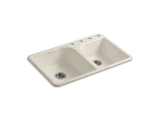 Efficiency™ 33" x 22" x 7-5/8" top-mount large/medium double-bowl kitchen sink with 4 faucet holes, Almond