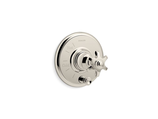 Artifacts® Rite-Temp® pressure-balancing valve trim with push-button diverter and prong handle, Vibrant Polished Nickel