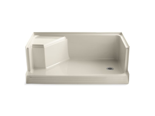 Memoirs® 60" x 36" single threshold right-hand drain shower base with integral seat at left, Almond