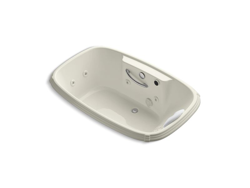 Portrait® 67" x 42" drop-in whirlpool with heater, grip rail drillings, left-hand pump and massage experience, Biscuit