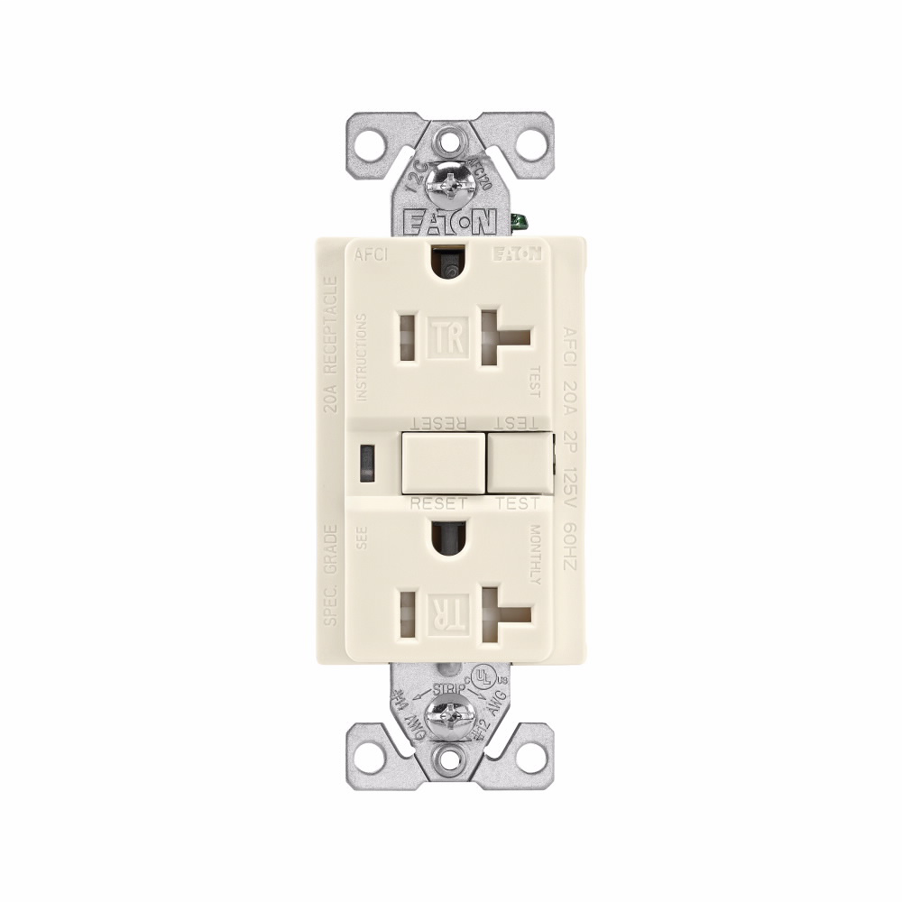 Mayer-DDS-Eaton AFCI receptacle, Visual trip indicator light, 20A, 125V, Back wire and side wire, AFCI, Light almond, Brass, Receptacle, Tamper resistant, PVC, 5-20R, Two-pole, three-wire, grounding-1