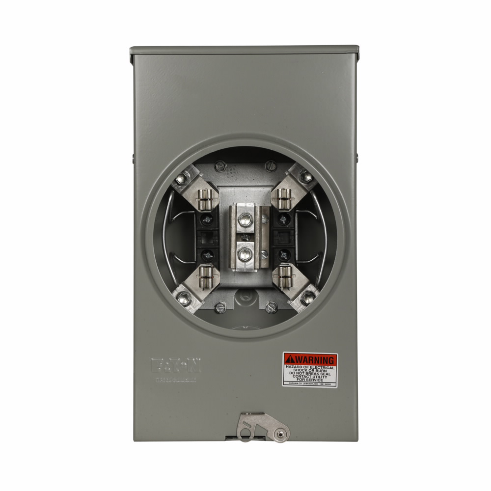 Product image for Cutler-Hammer UHTTRS202BCH meter socket, 1-pos resi service, 200A, Over/under, 3-5/16 inch hub open, #8-250 kcmil, 4-jaw, 1-ph, #8-250 kcmil, Horn bypass, Two grounding conns (#14-#2 Cu), Quadplex, 3-wi