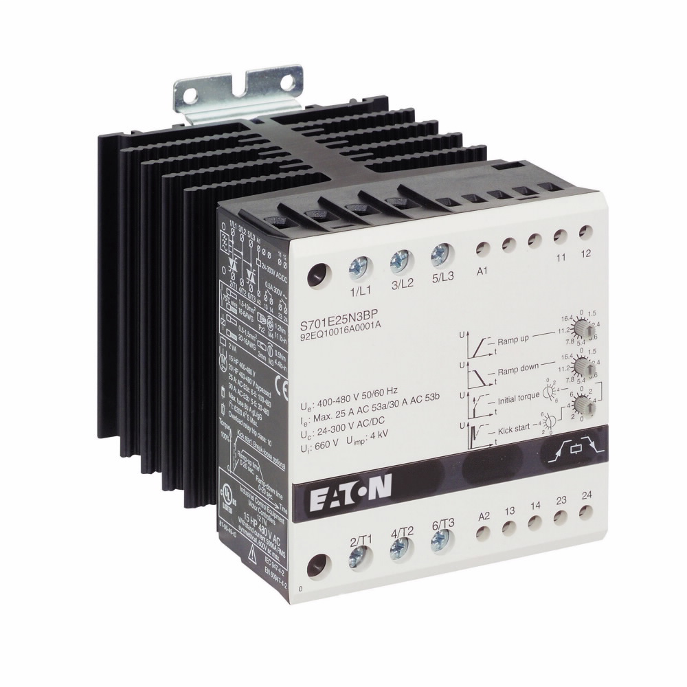 Product image for Cutler-Hammer S701E25N3BP S801+/S811+ soft starter, Mini Soft Starter, With DC injection brake, auxiliary contact, 25 A, 400-480 V line voltage, 24-240 Vac/dc control voltage