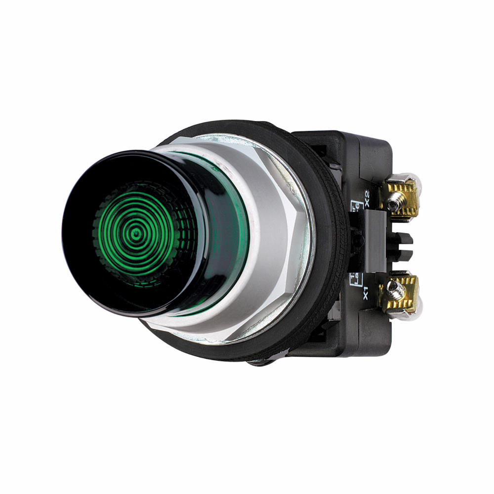 Product image for Cutler-Hammer HT8GBGV7 HT800 pushbutton, 30.5 mm, Watertight/Oiltight, Illuminated pushbutton, NEMA 3, 3R, 4, 4X, 12 and 13, Momentary, Extended, Incandescent, full voltage light unit, Green lens, 120 V