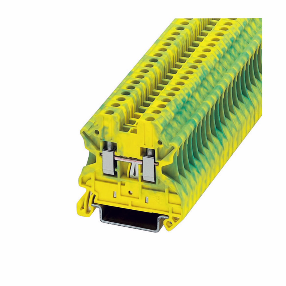 Product image for Cutler-Hammer XBUT25PE XB IEC terminal block, Screw connection single level-through-feed, Green/yellow, 12 AWG/2.5 mm2 maximum wire