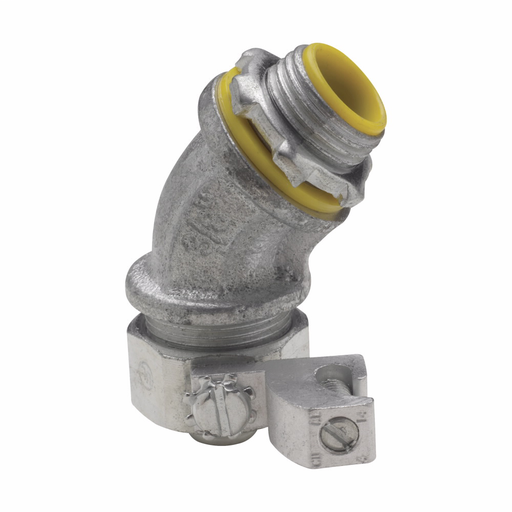 Eaton Crouse-Hinds series Liquidator liquidtight connector, FMC, 45° angle, Aluminum ground lug, Insulated, #4-14 AWG lug size, Malleable iron, 2"