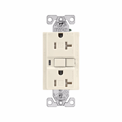 Mayer-DDS-Eaton AFCI receptacle, Visual trip indicator light, 20A, 125V, Back wire and side wire, AFCI, Light almond, Brass, Receptacle, Tamper resistant, PVC, 5-20R, Two-pole, three-wire, grounding-1