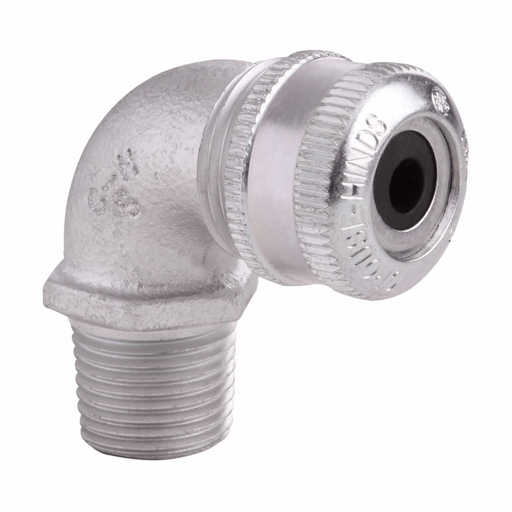 Eaton Crouse-Hinds series CGE cable gland, Cable range min/max: 0.125-0.250", Non-armoured and tray cable, 90° angle, Non-armoured gland, Feraloy iron alloy, General purpose, 1/2" NPT