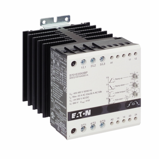 Product image for Cutler-Hammer S701E25N3BP S801+/S811+ soft starter, Mini Soft Starter, With DC injection brake, auxiliary contact, 25 A, 400-480 V line voltage, 24-240 Vac/dc control voltage