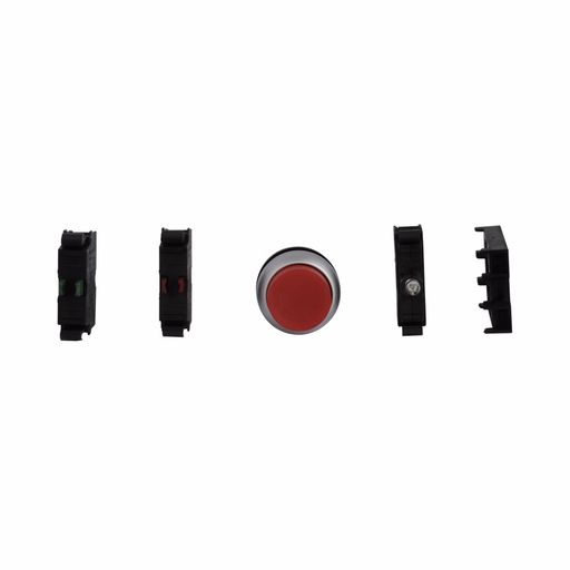 Product image for Cutler-Hammer M22-DLH-R-K11-230R M22 modular pushbutton, Complete Device, 22.5 mm, Extended button actuator, Momentary, Illuminated, Bezel: Silver, Button: Red, 1NO-1NC, IP67, IP69K, NEMA 4X, 13, 85-264