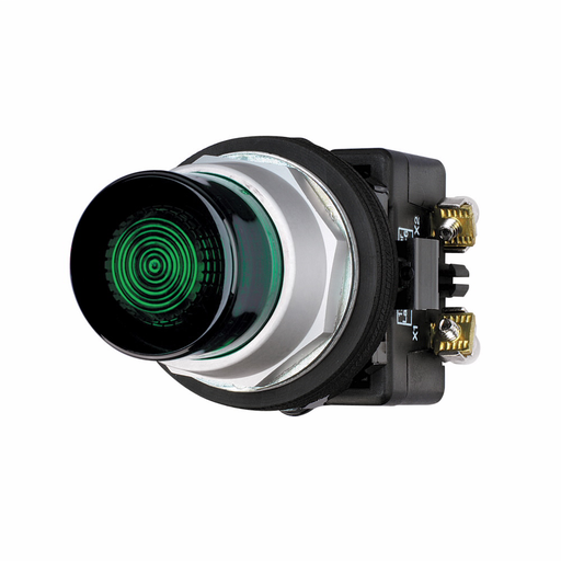 Product image for Cutler-Hammer HT8GBGV7 HT800 pushbutton, 30.5 mm, Watertight/Oiltight, Illuminated pushbutton, NEMA 3, 3R, 4, 4X, 12 and 13, Momentary, Extended, Incandescent, full voltage light unit, Green lens, 120 V