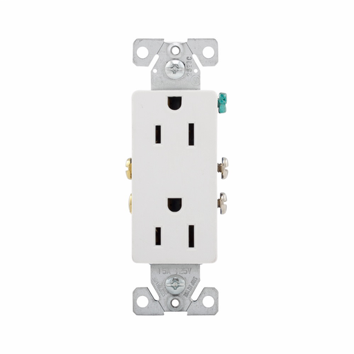 Mayer-DDS-Eaton residential grade duplex receptacle, #14-10 AWG, 15A, Flush, 125V, Side and push, White, Brass, Indoor, Impact-resistant thermoplastic, 5-15R, Two-pole, Three-wire, Duplex, Screw, Thermoplastic-1