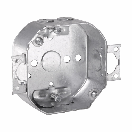 Eaton Crouse-Hinds series Octagon Outlet Box, (1) 1/2", 4", 4, NM clamps, 1-1/2", Steel, (2) 1/2", Two screw ears, fixture rated, 15.5 cubic inch capacity