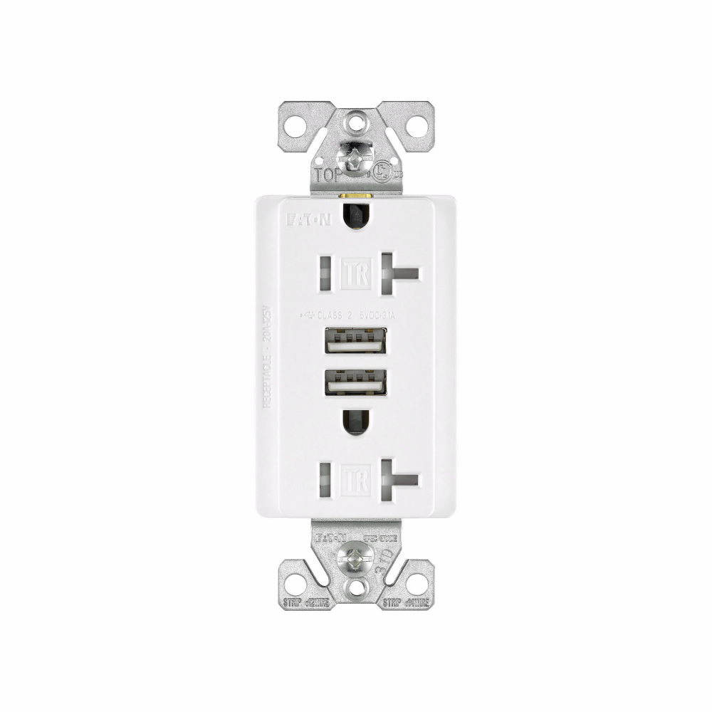 Product image for Eagle Electric TR7756W-BOX 20 Amp 125 VAC 2-Pole 3-Wire NEMA 5-20R White Combination USB Charger with Receptacle