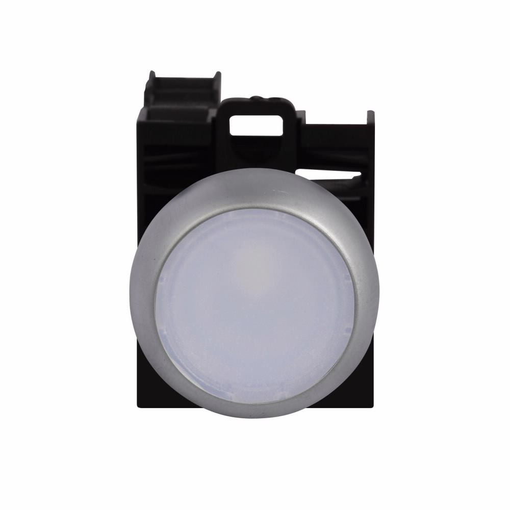Product image for Cutler-Hammer M22-DL-W-K20-W M22 modular pushbutton, Complete Device, 22.5 mm, Flush, Momentary, Illuminated, Bezel: Silver, Button: White, 2NO, IP67, IP69K, NEMA 4X, 13, 12-30 Vac/dc