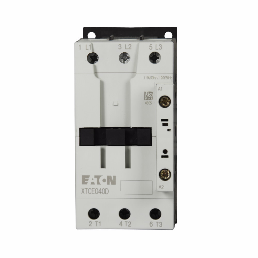 Cutler-Hammer XTCE040D00A XT IEC contactor, 40A, 110 Vac 50 Hz, 120 Vac 60 Hz, 0NO-0NC, 40A, Frame D, 55 mm, 50-60 Hz, 3, 5, 7.5/ 10, 15, 30, 40 hp(1/3PH@115, 200, 230/200, 230, 460, 575 V), Three-pole, Product image for Cutler-Hammer XTCE040D00A XT IEC contactor, 40A, 110 Vac 50 Hz, 120 Vac 60 Hz, 0NO-0NC, 40A, Frame D, 55 mm, 50-60 Hz, 3, 5, 7.5/ 10, 15, 30, 40 hp(1/3PH@115, 200, 230/200, 230, 460, 575 V), Three-pole,