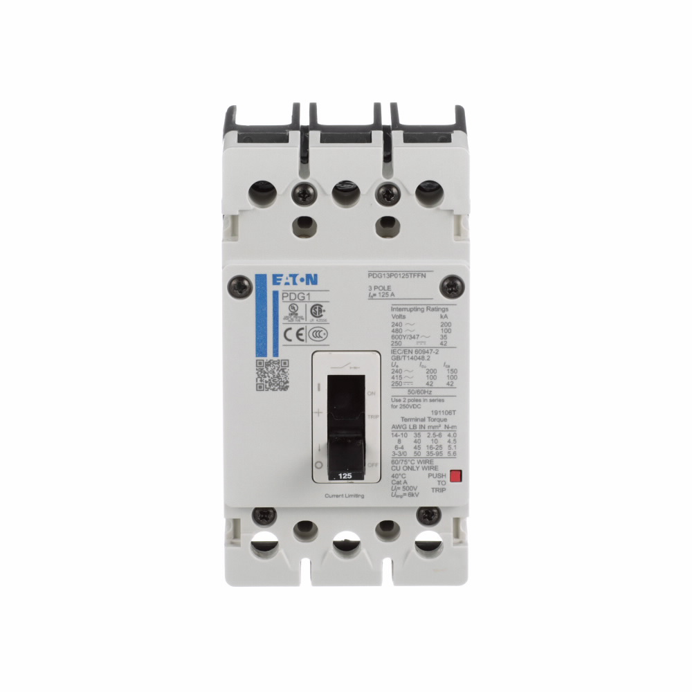 Product image for Cutler-Hammer PDG13M0125TFFJ Power Defense molded case circuit breaker, Globally Rated, Frame 1, Three Pole, 125A, 65kA/480V, T-M (Fxd-Fxd) TU, Standard Line and Load (PDG1X3T125)