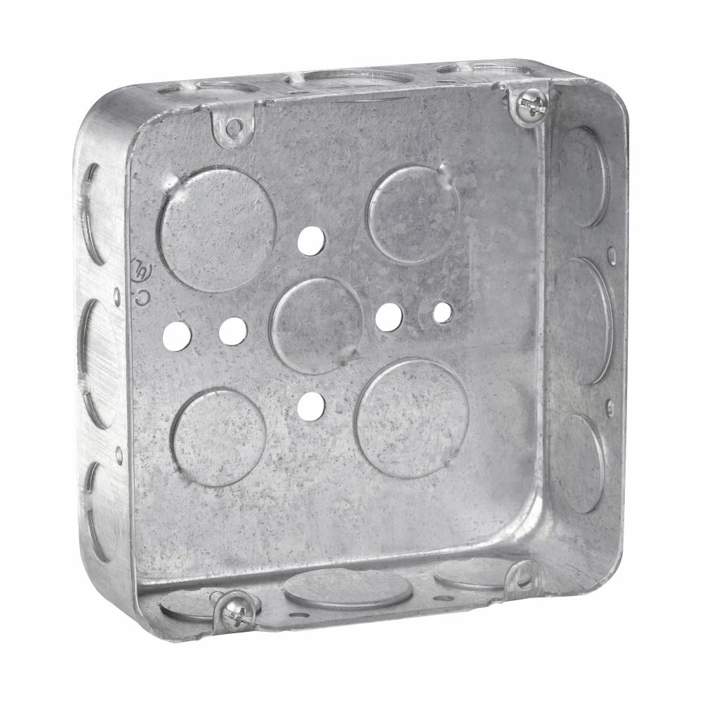 Product image for Crouse-Hinds TP548 4-11/16" Square Outlet Box, 1-1/2" Deep, 29.5cu.in, 1/2" & 3/4" Knockouts, Drawn Steel