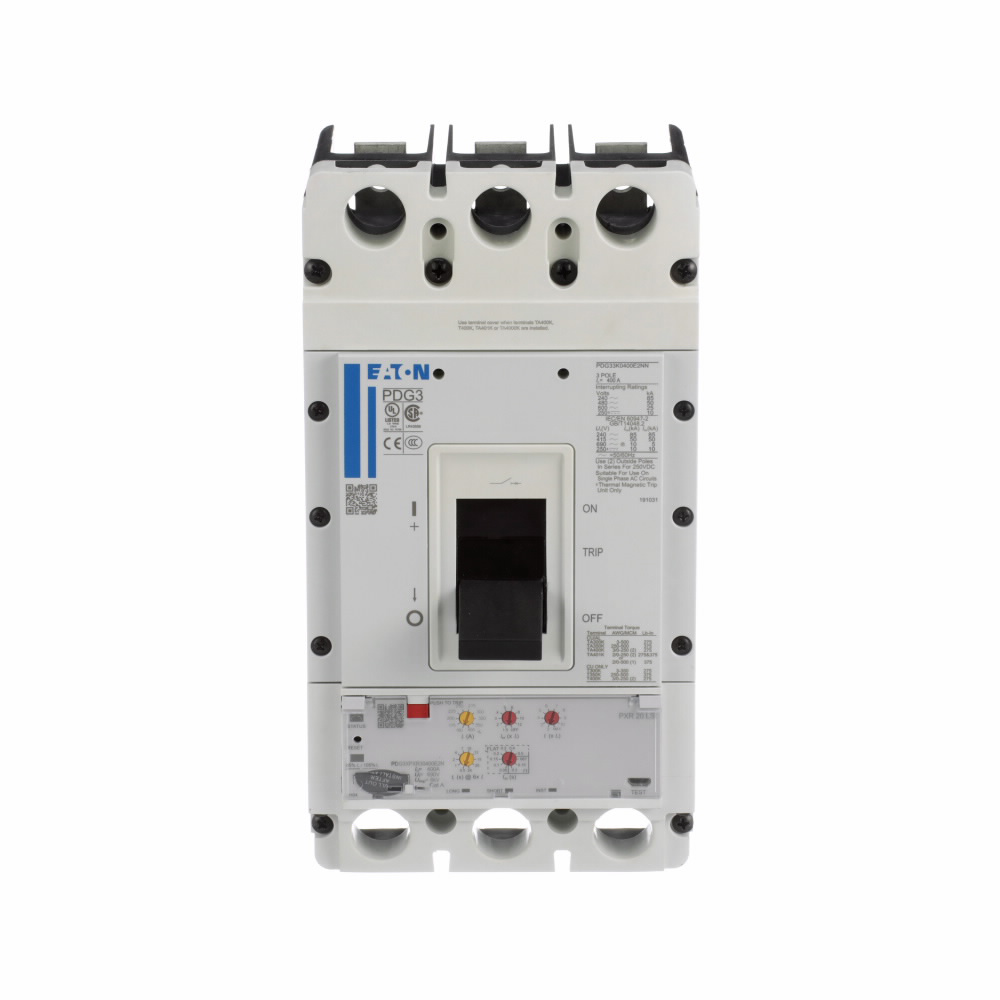 Product image for Cutler-Hammer PDF33F0125E2MK Power Defense Globally Rated 100% UL, Frame 3, Three Pole, 125A, 25kA/480V, PXR20 LSI w/ Modbus RTU and Relays, Std Term Line Only (PDG3X3TA300)