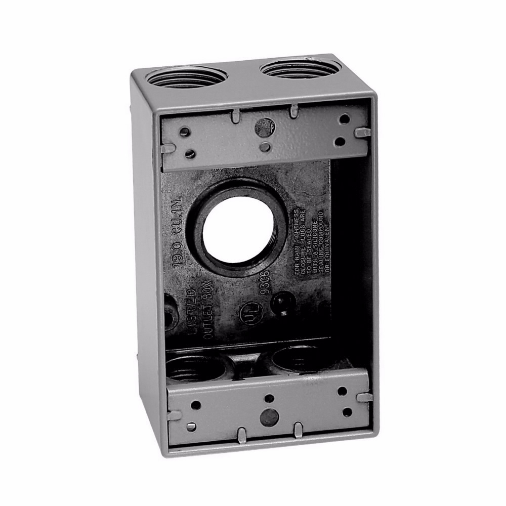 Product image for Crouse-Hinds TP7050 1-Gang Weatherproof Outlet Box w/ Lugs, 2" Deep, 18cu.in., (5) 3/4" Outlet Holes, Gray