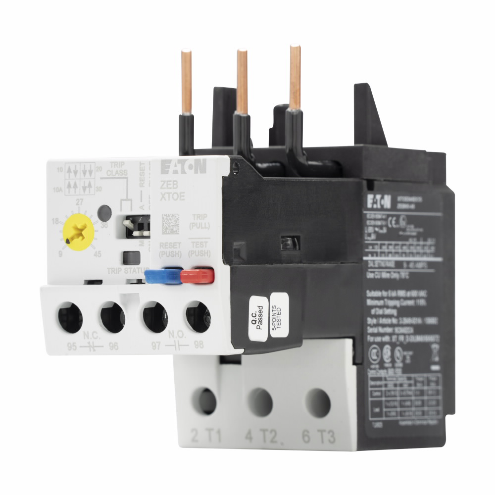 Product image for Cutler-Hammer XTOE045DCS C440 electronic overload relay, XT IEC Electronic Overload Relay, 9-45A overload range, 55 mm Frame size, NO-NC contact configuration, Direct to contactor mounting, Selectable -