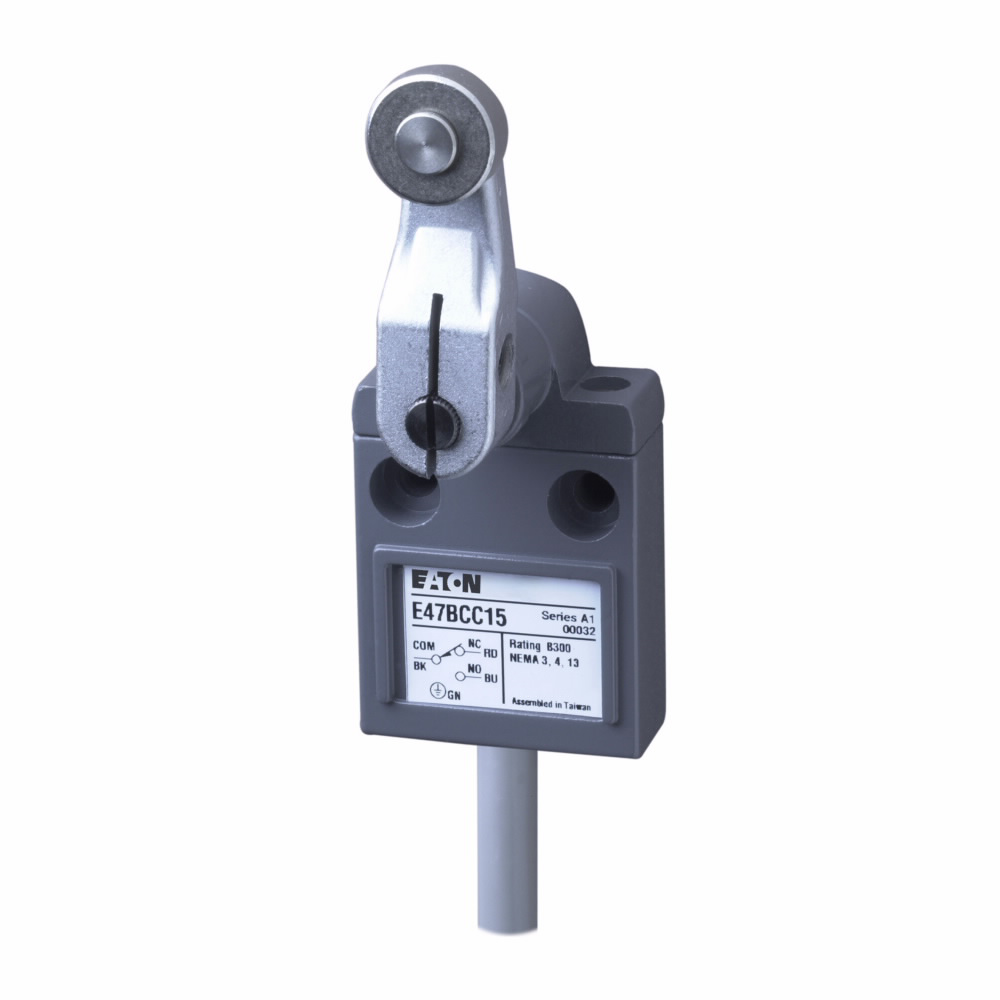 Product image for Eaton Electrical E47BCC15 250 VAC 30 VDC 18 AWG SPDT IP67 Die-Cast Aluminum Roller Lever Compact Limit Switch