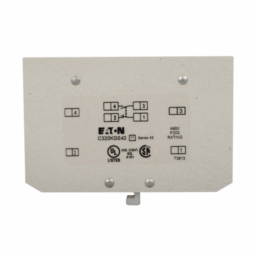 Product image for Eaton Electrical C320KGS42 600 VAC 10 Amp 250 VDC 0.55 Amp 1NO 1NC Snap-On Terminal Contactor Auxiliary Contact