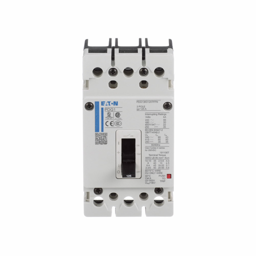 Product image for Cutler-Hammer PDG13C0125TFFJ Power Defense molded case circuit breaker, Globally Rated, Frame 1, Three Pole, 125A, 18kA/480V, T-M (Fxd-Fxd) TU, Standard Line and Load (PDG1X3T125)