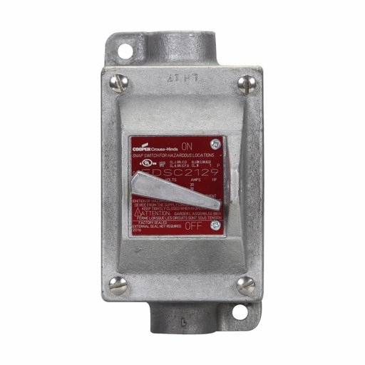 Eaton Crouse-Hinds series EDS snap switch, 10A/15A, Three-pole, With switch, Feraloy iron alloy, Single-gang, Through feed, 1", 120/277 Vac