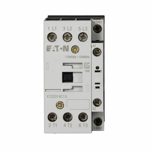 Product image for Cutler-Hammer XTCE018C10TD XT IEC contactor, 18A, 24-27 Vdc, 1NO, 18A, Frame C, 45 mm, 2, 2, 3/ 5, 5, 10, 15 hp (1/3PH @115, 200, 230/200, 230, 460, 575 V), Three-pole, Non-reversing, XT IEC series, Scr