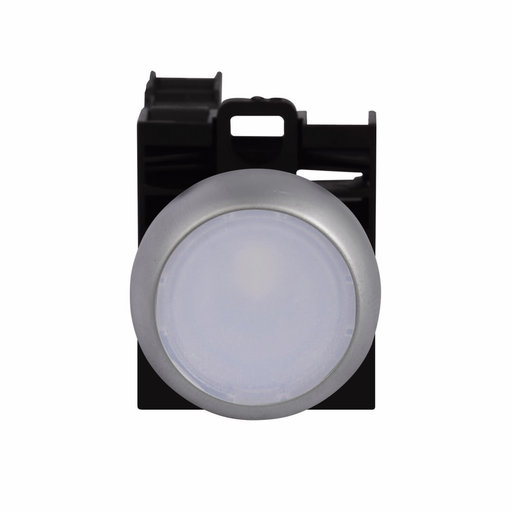 Product image for Cutler-Hammer M22-DL-W-K20-W M22 modular pushbutton, Complete Device, 22.5 mm, Flush, Momentary, Illuminated, Bezel: Silver, Button: White, 2NO, IP67, IP69K, NEMA 4X, 13, 12-30 Vac/dc