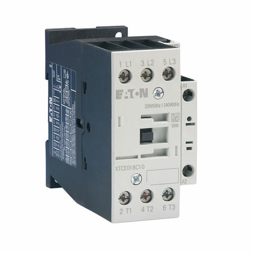 Product image for Cutler-Hammer XTCE018C10A XT IEC contactor, 18A, 110 Vac 50 Hz, 120 Vac 60 Hz, 1NO, 18A, Frame C, 45 mm, 50-60 Hz, 2, 2, 3/ 5, 5, 10, 15 hp (1/3PH @115, 200, 230/200, 230, 460, 575 V), Three-pole, Screw