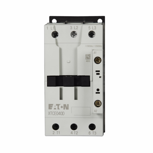 Product image for Cutler-Hammer XTCE040D00T XT IEC contactor, 40A, 24 Vac, 50-60 Hz, 0NO-0NC, 40A, Frame D, 55 mm, 50-60 Hz, 3, 5, 7.5/ 10, 15, 30, 40 hp (1/3PH @115, 200, 230/200, 230, 460, 575 V), Three-pole, Screw ter