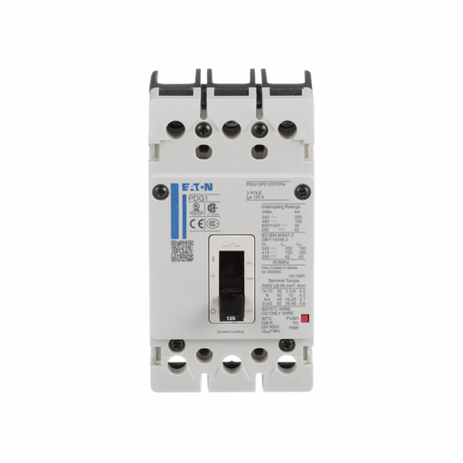 Product image for Cutler-Hammer PDG13M0015TFFJ Power Defense molded case circuit breaker, Globally Rated, Frame 1, Three Pole, 15A, 65kA/480V, T-M (Fxd-Fxd) TU, Standard Line and Load (PDG1X3T125)